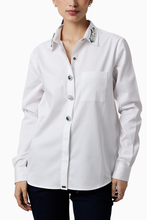 White Emerald Swarovski Button Shirt