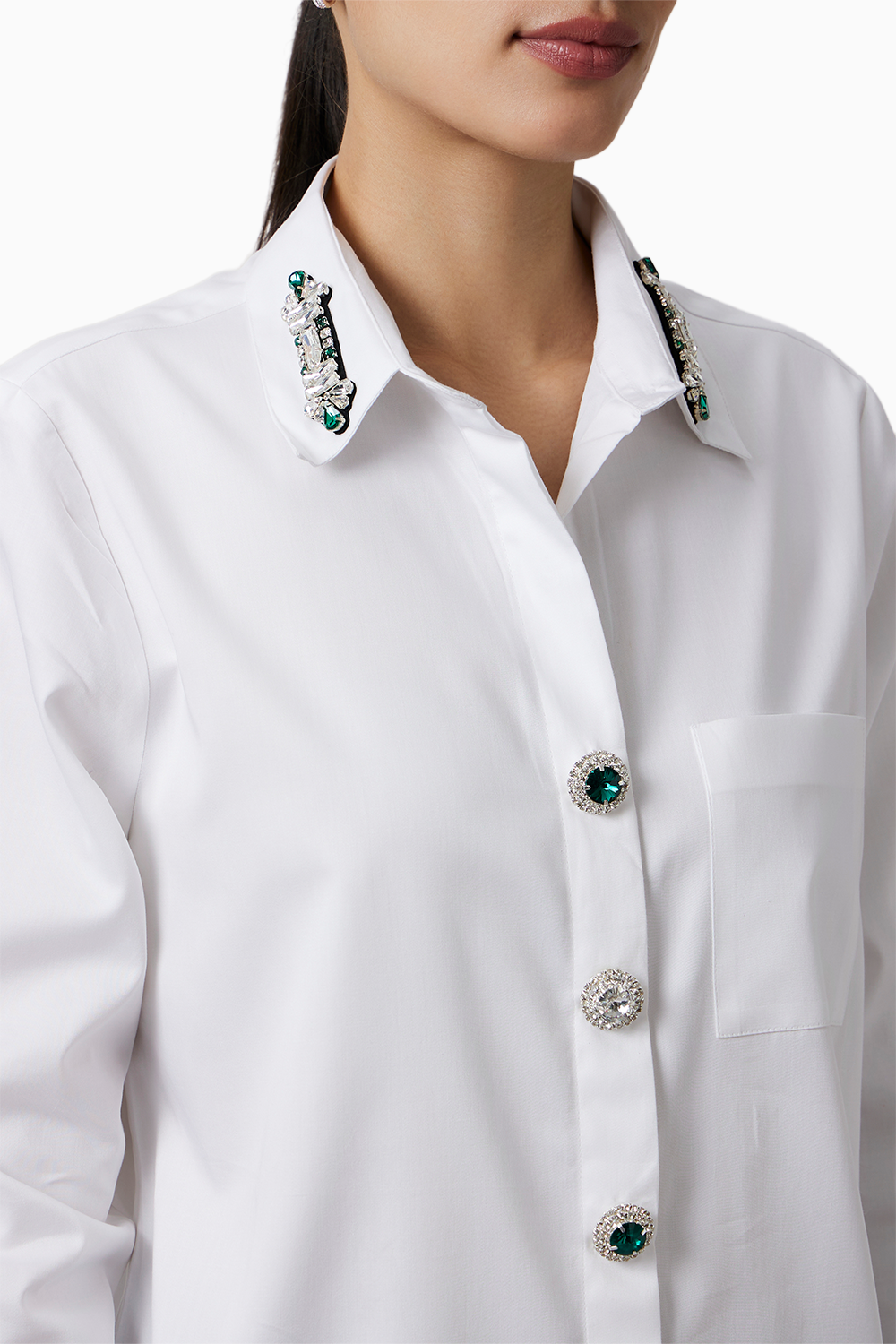 White Emerald Swarovski Button Shirt