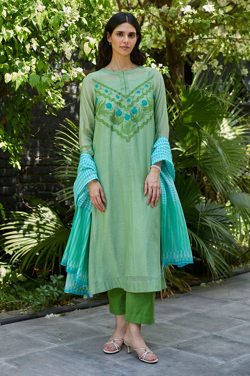 Pomegranate Trail Green Embroidered Kurta Set With Dupatta