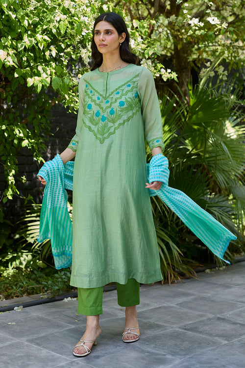 Pomegranate Trail Green Embroidered Kurta Set With Dupatta