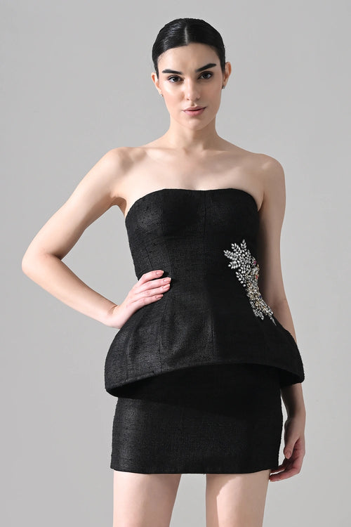 Midnight Strapless Peplum Dress With Jewel Embellishment