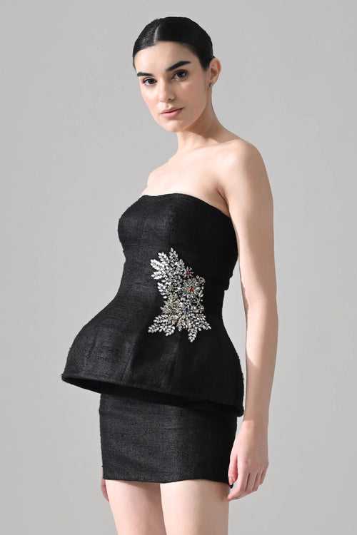 Midnight Strapless Peplum Dress With Jewel Embellishment