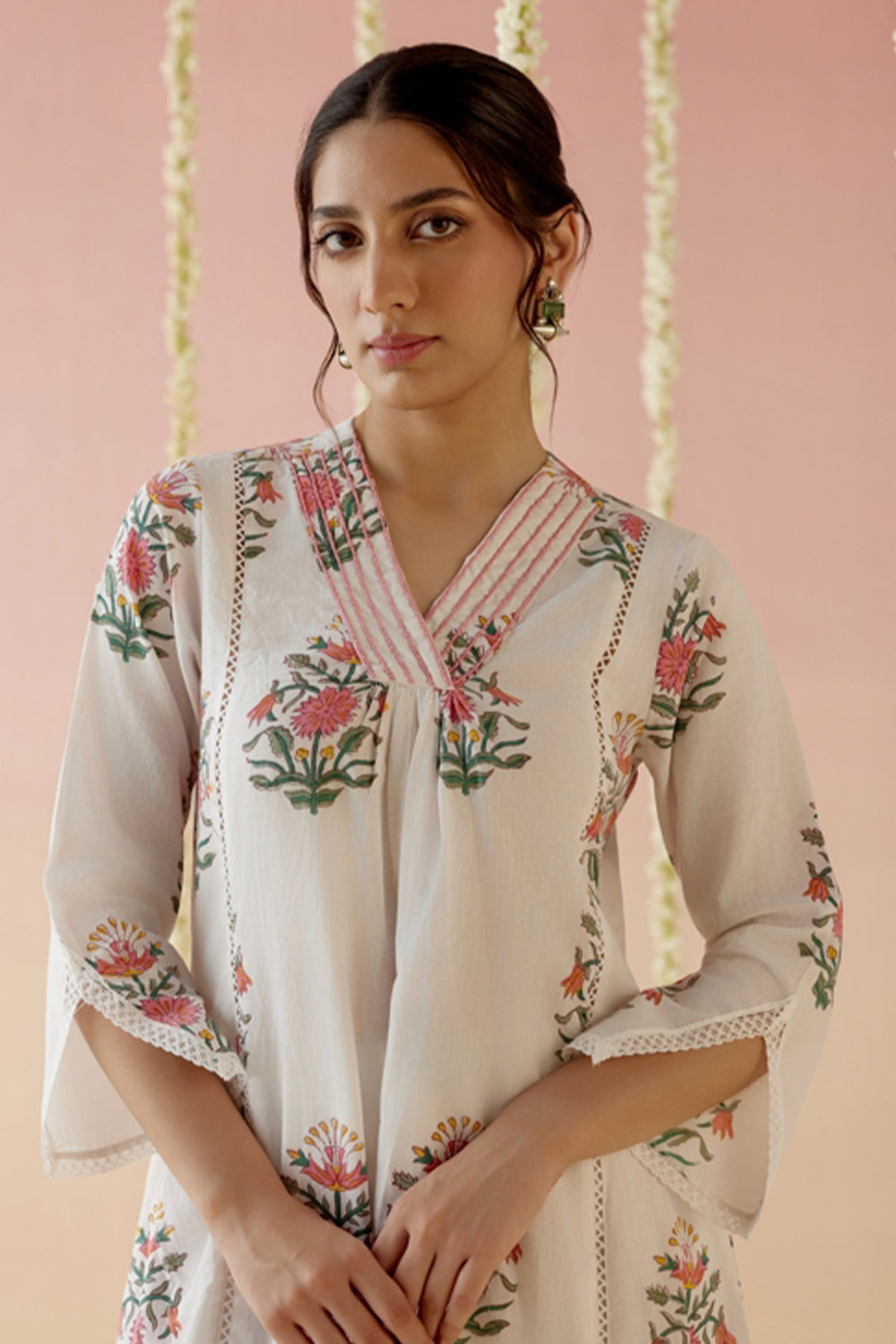 Pearl Pink Buta Kurta with Wide Leg Pants