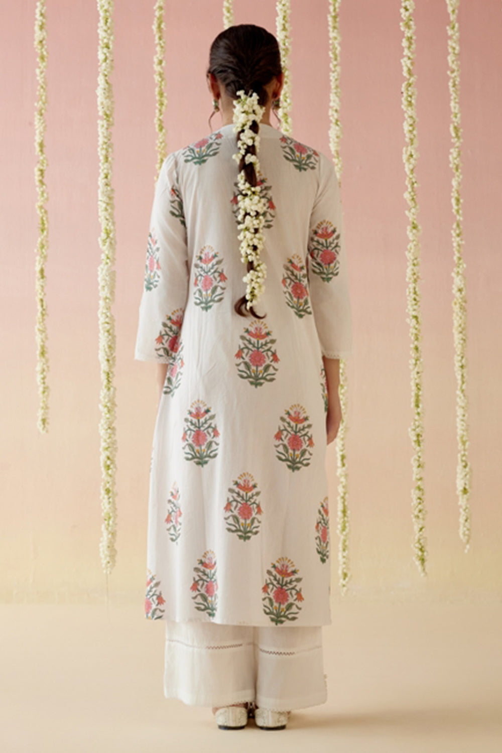 Pearl Pink Buta Kurta with Wide Leg Pants