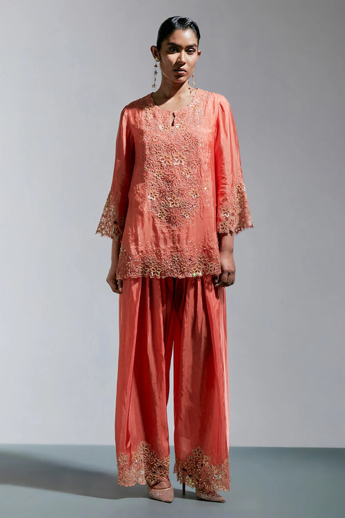 Vermilion Floral Embroidered Silk Salwar Set