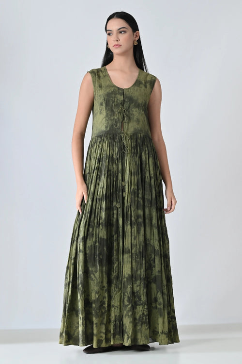 Green Forest  Gathered Printed Long Dress