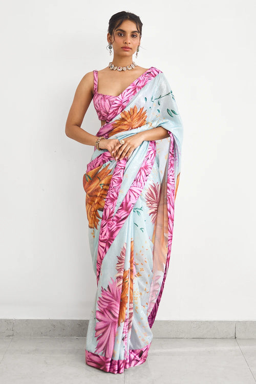 Bright Flower Sequins Sari Blouse Set