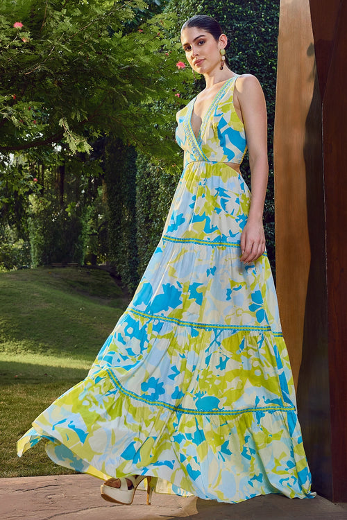 Printed Plunge Backless Maxi Dress