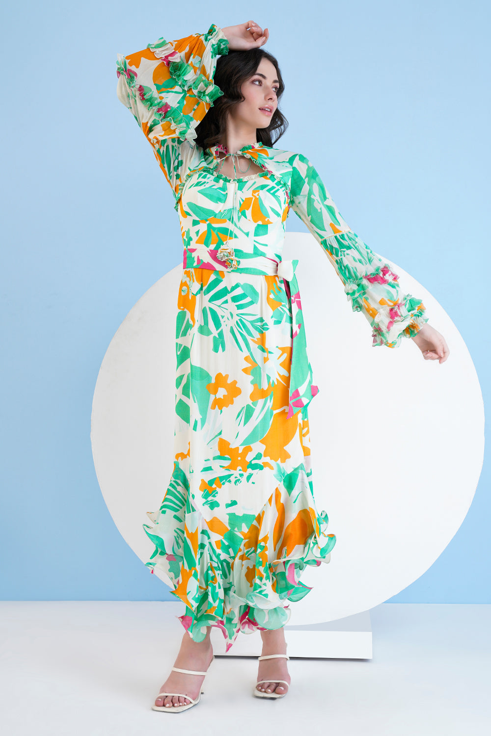 Printed High Low Dress With Frilled Puff Sleeves And Constructed Yoke