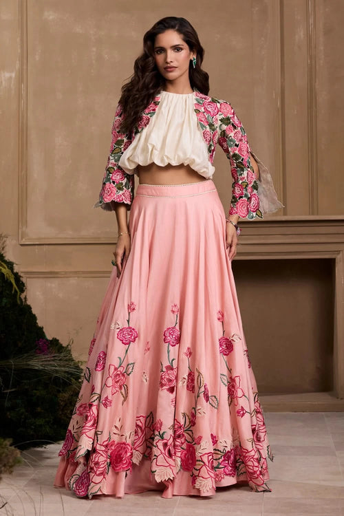Ivory Top With Bolero Jacket And Lehenga Set