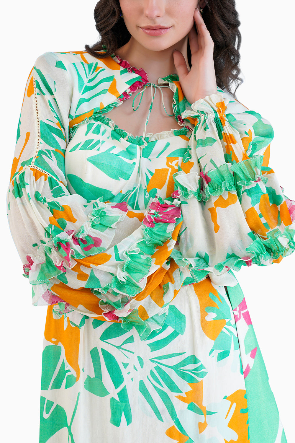 Printed High Low Dress With Frilled Puff Sleeves And Constructed Yoke