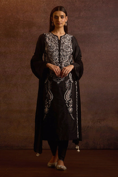 Ananta Black Silver Dabka Zardozi Raw Silk Straight Kurta Set