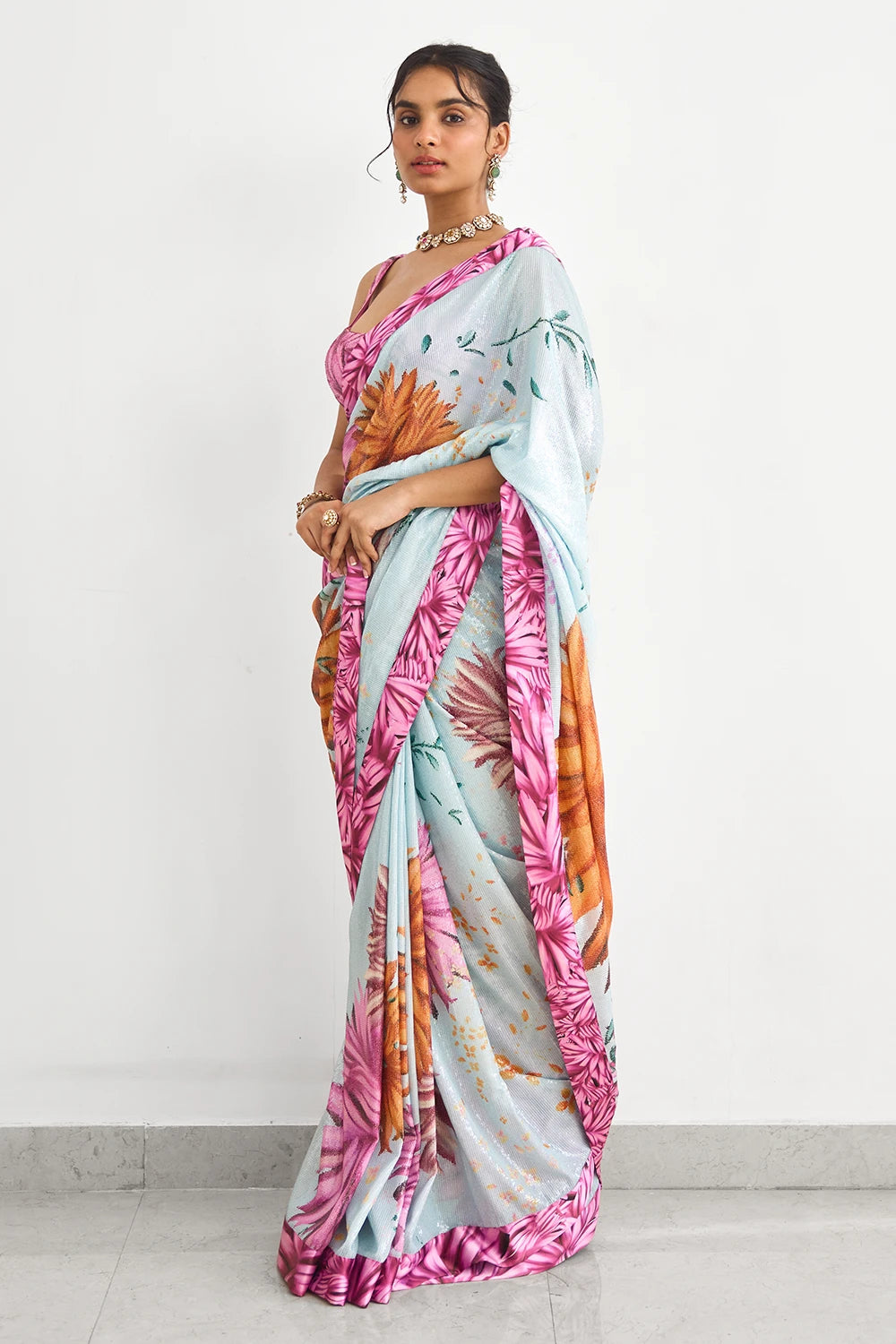 Bright Flower Sequins Sari Blouse Set