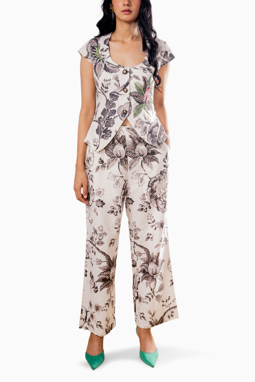 Ivory Linen Printed Pants