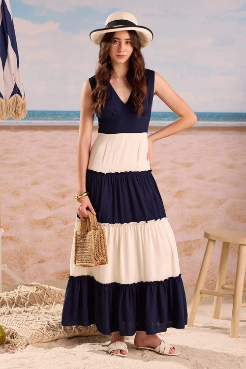 Navy and Ivory Maxi Dress S