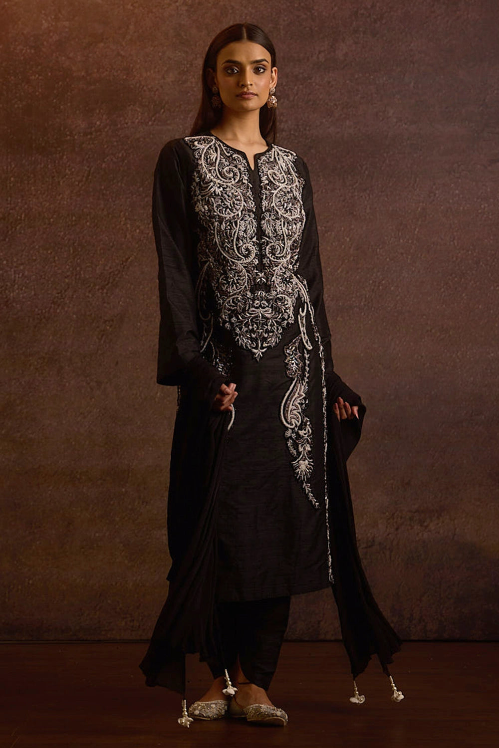 Ananta Black Silver Dabka Zardozi Raw Silk Straight Kurta Set