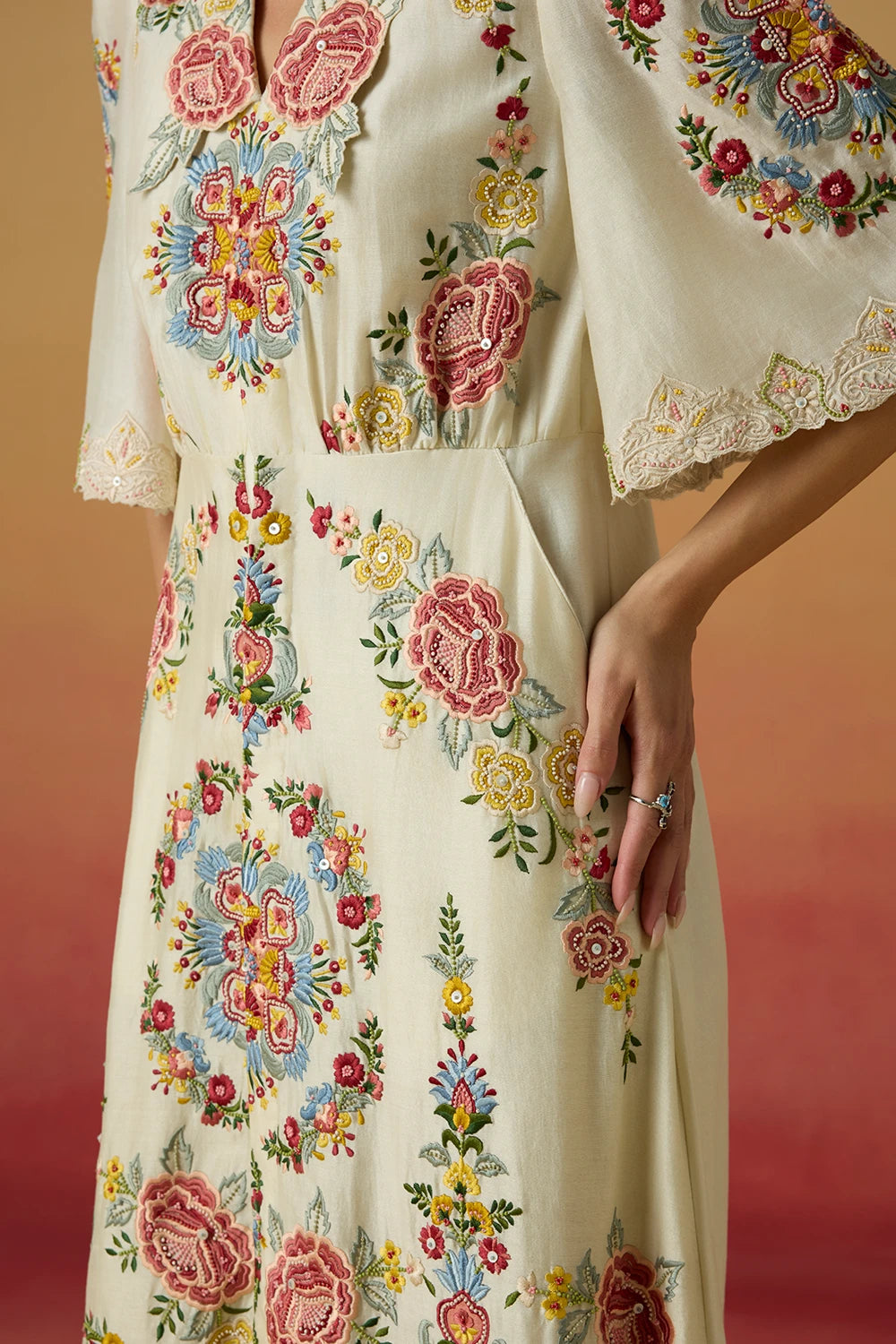 Ivory Floral Threadwork Amaryllis Shirt Dress