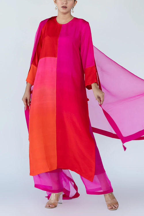 Fuschia Red Ombre Color Block Kurta Set