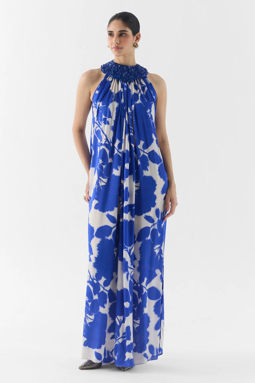 Blue Ink Halter Dress With Collar