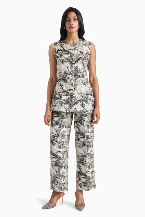 Black And White Silk Jacquard Jacket And Pants Set