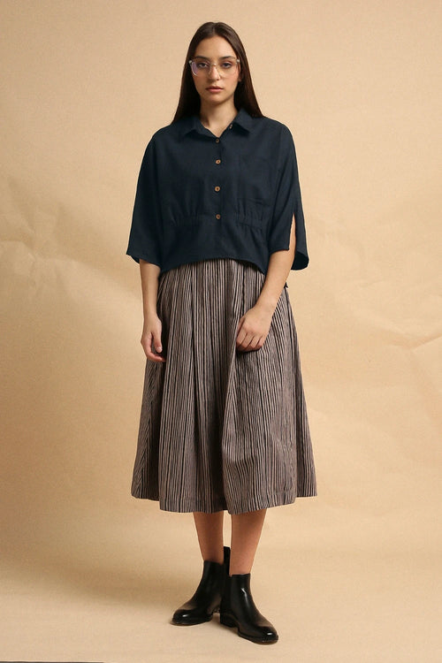 Charcoal Collar Crop Top And Gray Box Pleated Skirt Set