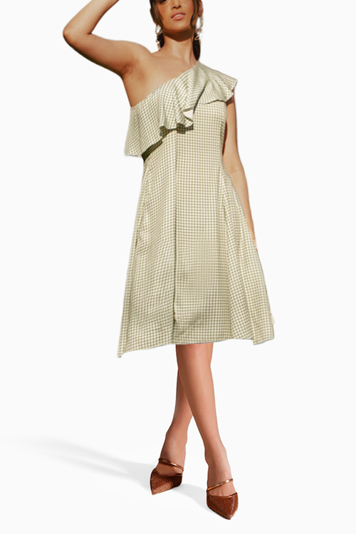 Printed Sage One Shoulder Ruffle Dress