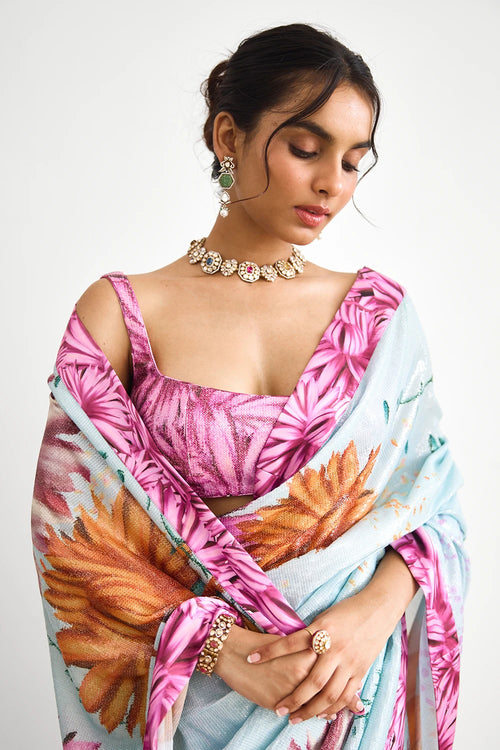 Bright Flower Sequins Sari Blouse Set