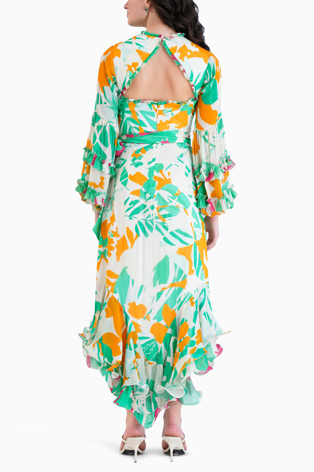 Printed High Low Dress With Frilled Puff Sleeves And Constructed Yoke