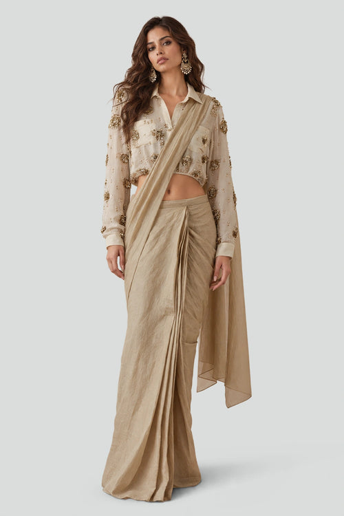 Stone Organza Studded Shirt With A Tissue Knotted Saree