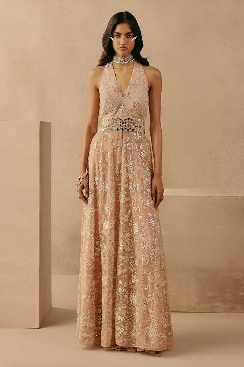 Blush Mirrorwork Halter Neck Jacket Dress with Spread Bootcut Pants