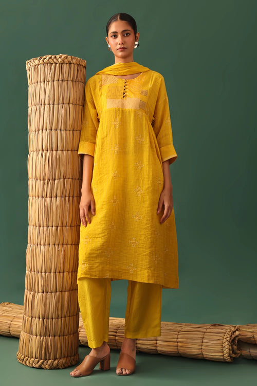 Yellow Chanderi Patchwork Suit Set