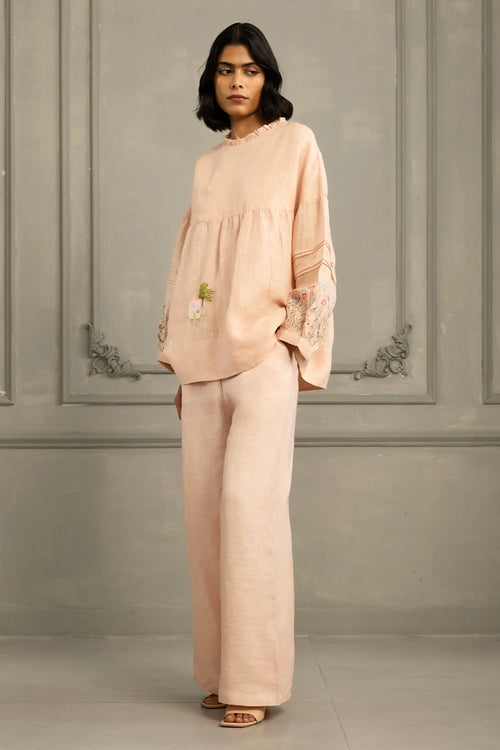Old Rose Gauze Linen Embroidered Top And Flared Pants Set