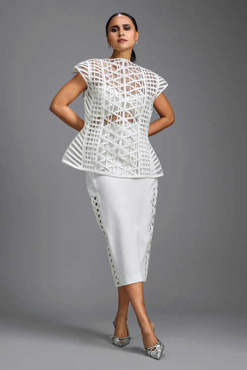 White Sleek Midi Skirt with Paneled Lattice Detailing