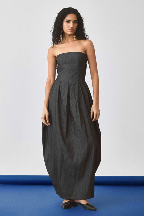 Black Flared Ballon Denim Dress