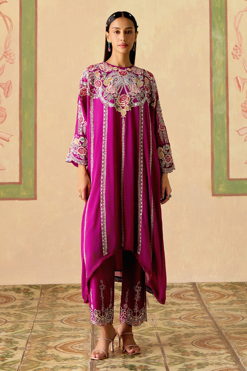 Purple Contrast Embroidered Kimono Kurta with Narrow Pants