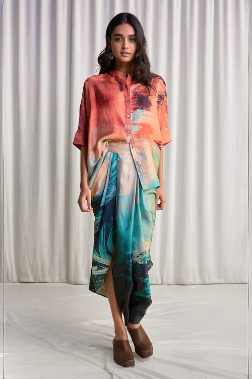Abstract Brushstroke Print Boxy Shirt And Skirt Set