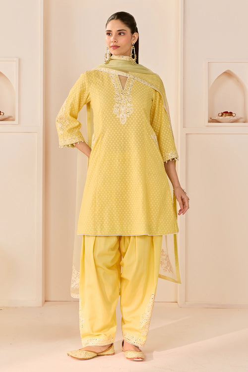 Reem Lemon Yellow Short Choga with Dogri Salwar and Dupatta
