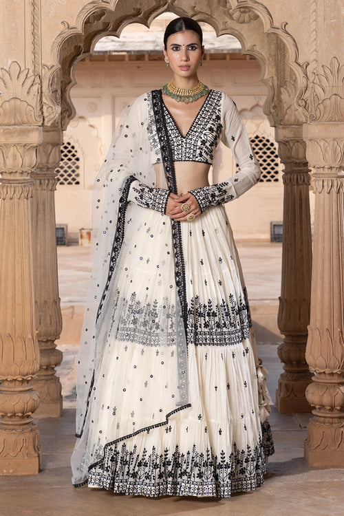 Black and White Lotus Lehenga with Embroidered Dupatta