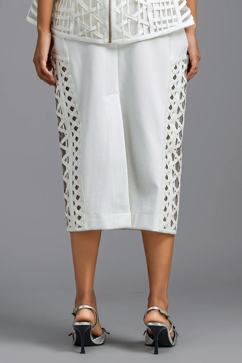 White Sleek Midi Skirt with Paneled Lattice Detailing