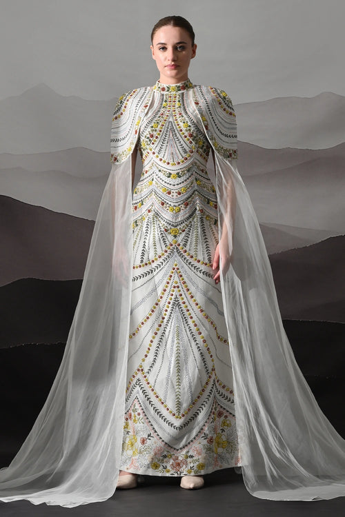 Ivory Hand-Embroidered Gown With Draped Tulle Overlay