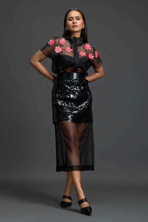 Black Laser-Cut Organza Panel Skirt