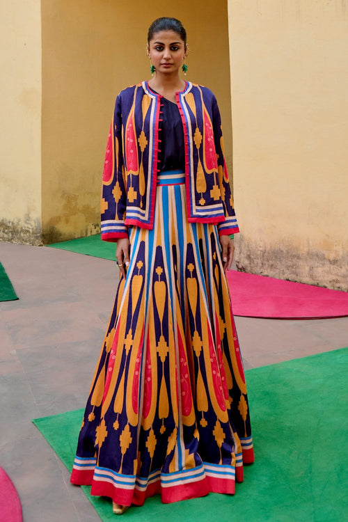 Blue Yellow Kilim Lehenga Set