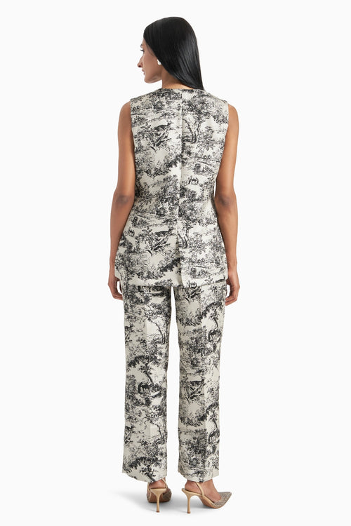 Black And White Silk Jacquard Jacket And Pants Set