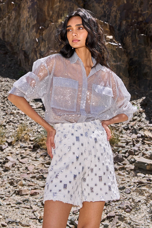Silver Translucent Shirt With Sequin Textured Shorts