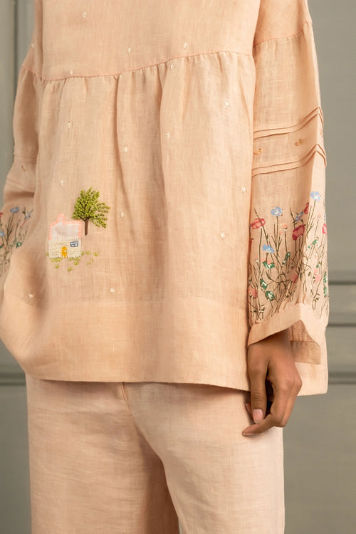 Old Rose Gauze Linen Embroidered Top And Flared Pants Set