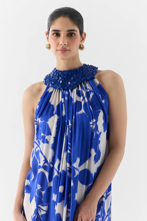 Blue Ink Halter Dress With Collar