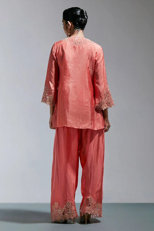 Vermilion Floral Embroidered Silk Salwar Set