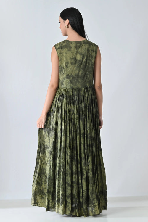 Green Forest  Gathered Printed Long Dress