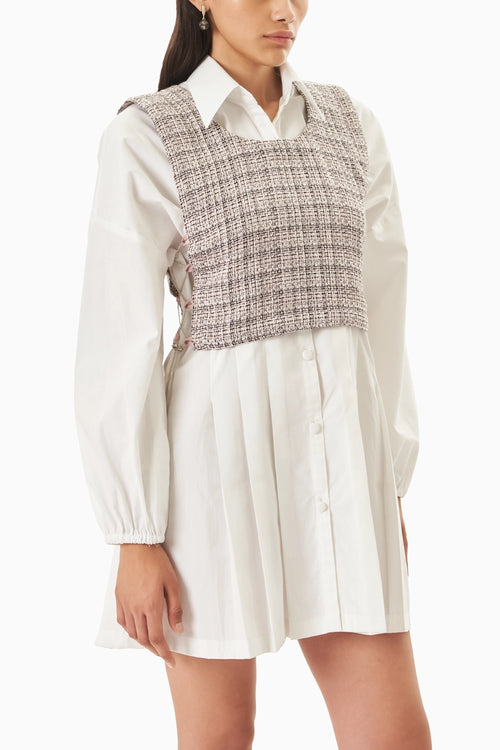 Cotton Pleated Shirt Dress with Pink Black Knit Bib