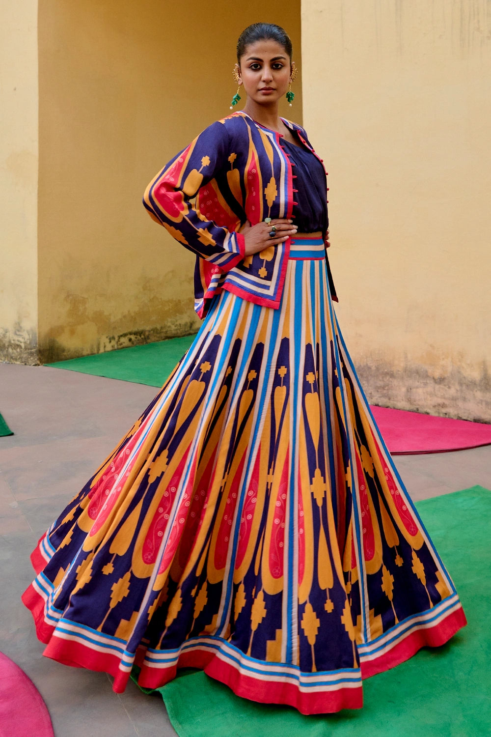 Blue Yellow Kilim Lehenga Set